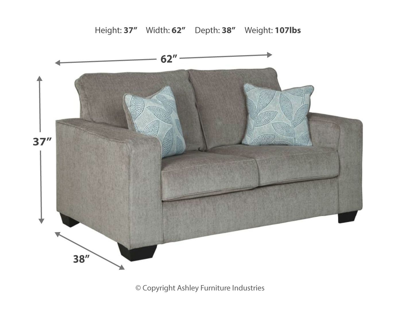 Gray fabric loveseat with two seat cushions and patterned accent pillows (62 in wide)