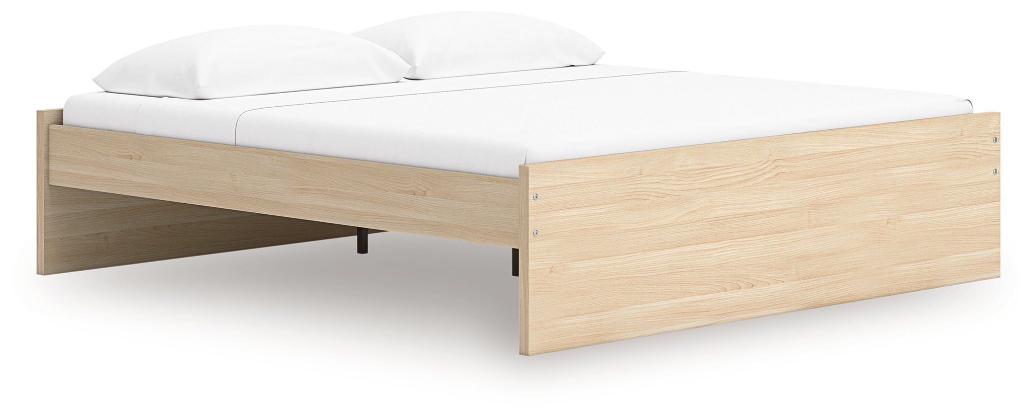 Light brown platform bed with upholstered headboard and open under-bed storage