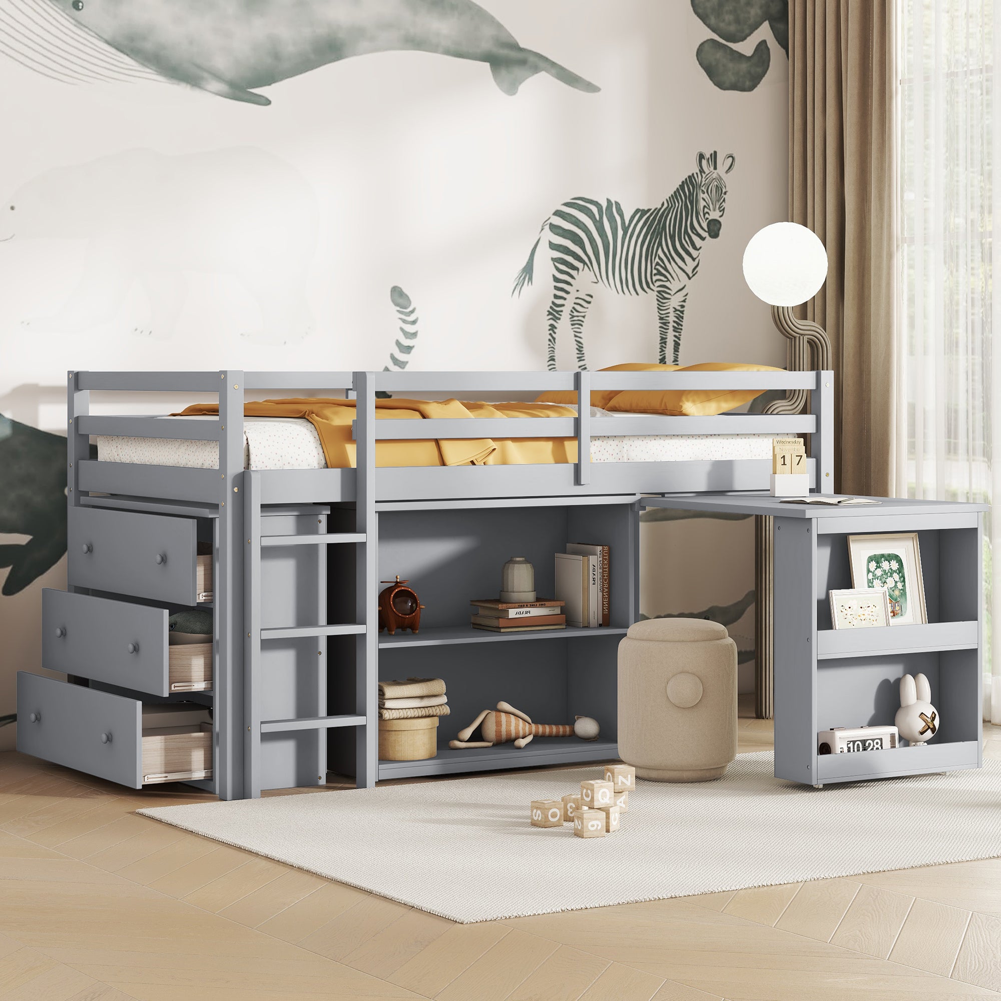 Twin Loft Bed: Desk, Drawers, Shelves, Guardrail & Ladder - Grey