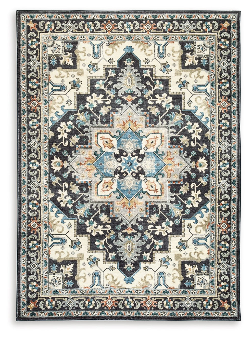 Washable area rug with black center medallion and ornate border, flat weave.