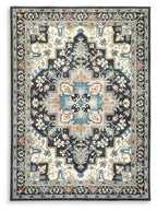 Washable area rug with black center medallion and ornate border, flat weave.