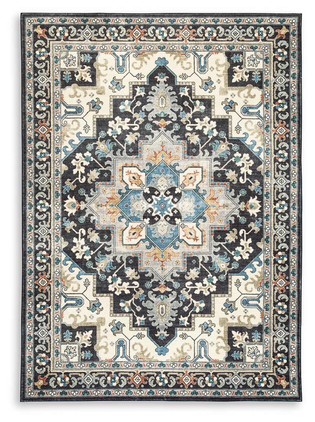 Washable area rug with black center medallion and ornate border, flat weave.