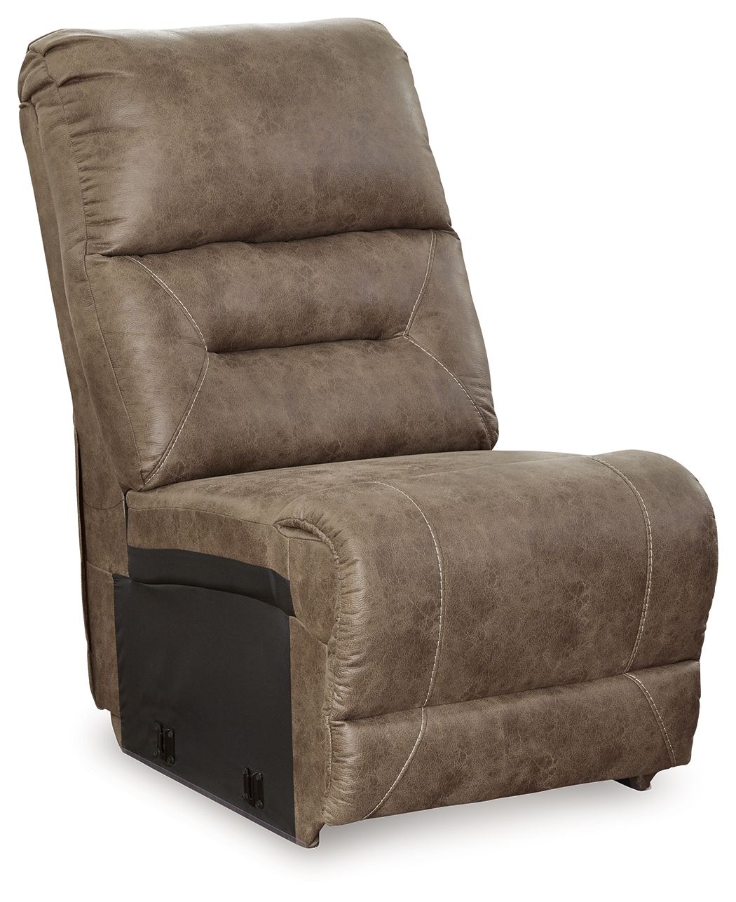 Fossil armless chair side view with padded back, upholstered in taupe-brown fabric