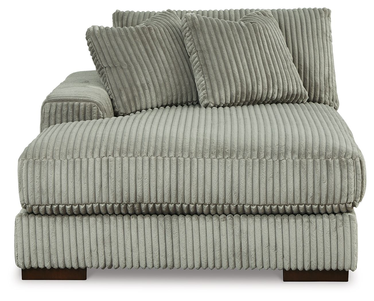 Corner chaise backrest and seat in fog-gray ribbed fabric with two accent pillows
