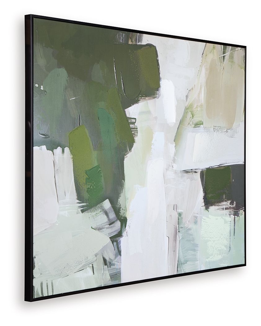 Framed abstract wall art featuring green and gray shapes on white background