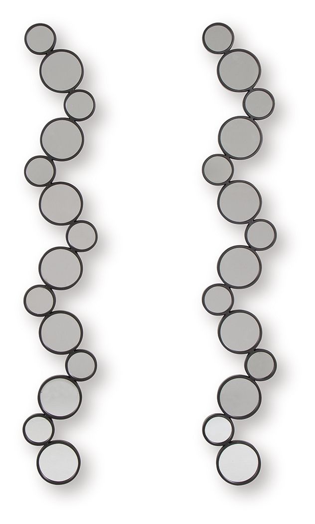Set of 2 black round accent mirrors, vertical staggered circles along two strips