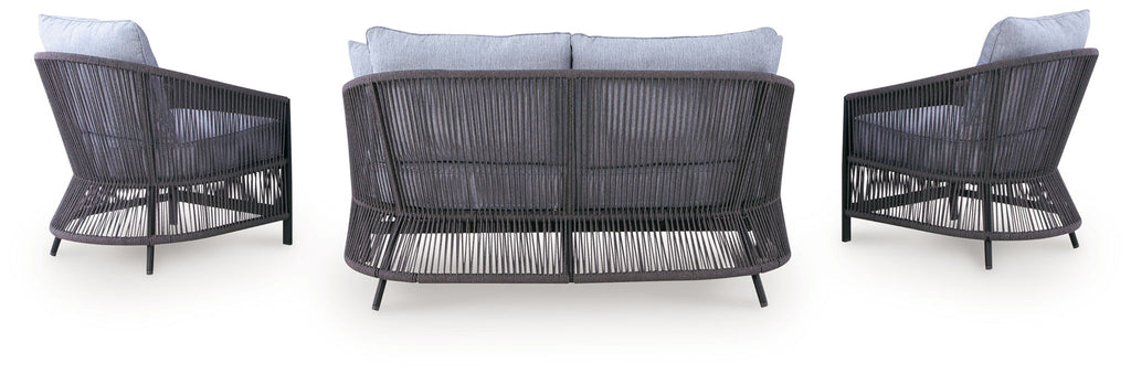 Gray outdoor loveseat with two armchairs, woven slat sides and light gray seat cushions