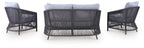 Gray outdoor loveseat with two armchairs, woven slat sides and light gray seat cushions