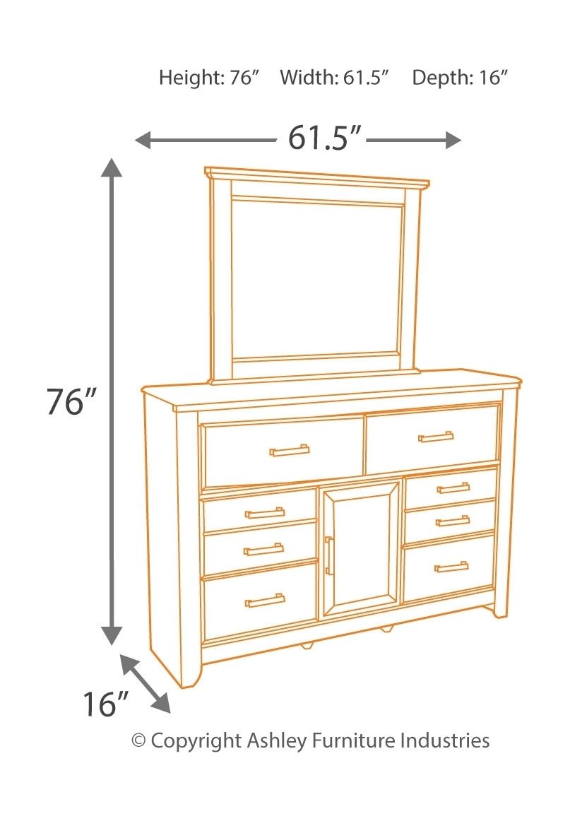 Dresser dimensions diagram: height 76 in, width 61.5 in, depth 16 in