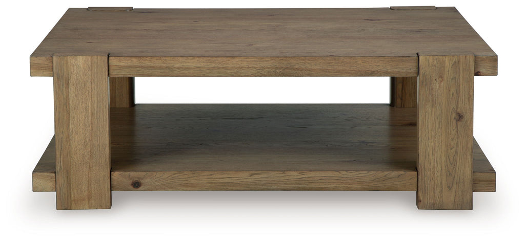 Light brown rectangular cocktail table with two-tier design and wide legs