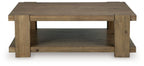 Light brown rectangular cocktail table with two-tier design and wide legs