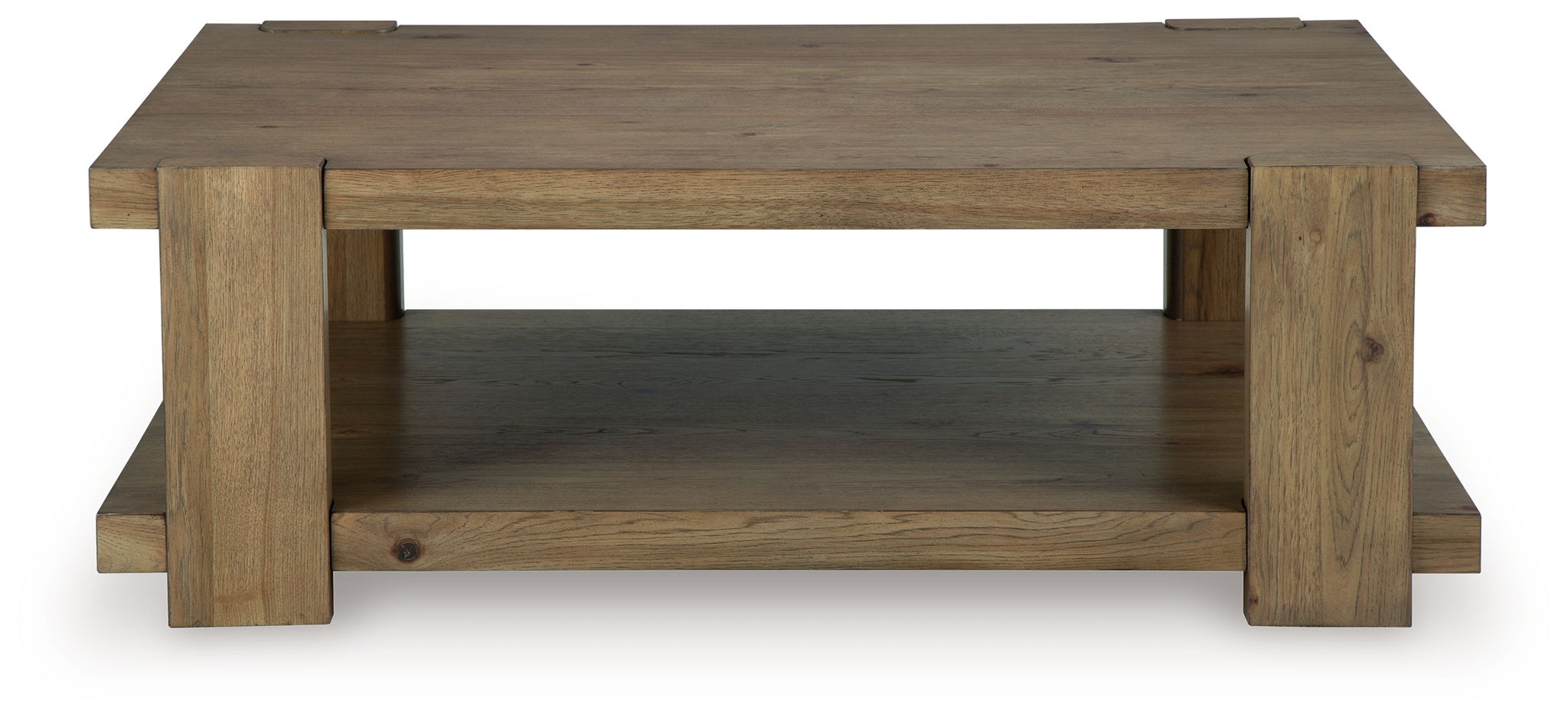 Light brown rectangular cocktail table with two-tier design and wide legs