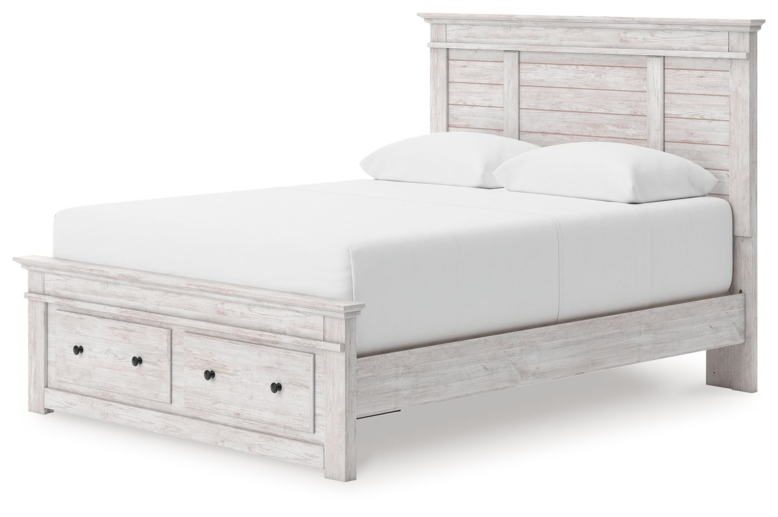 White wood panel storage bed with slatted base and front drawer storage