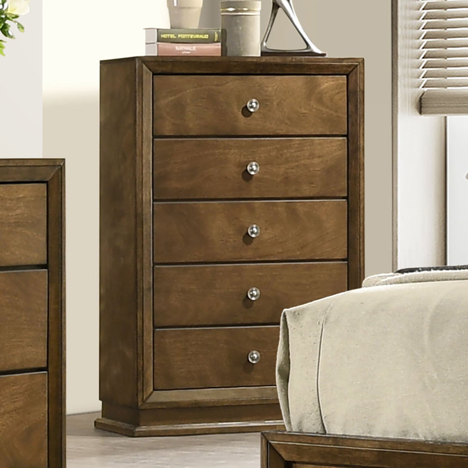Transitional Walnut 5-Drawer Chest | Bedroom Storage