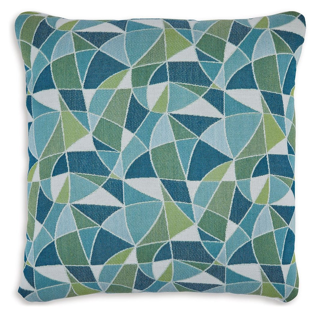 Square decorative pillow with blue and green geometric pattern cover