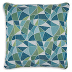 Square decorative pillow with blue and green geometric pattern cover