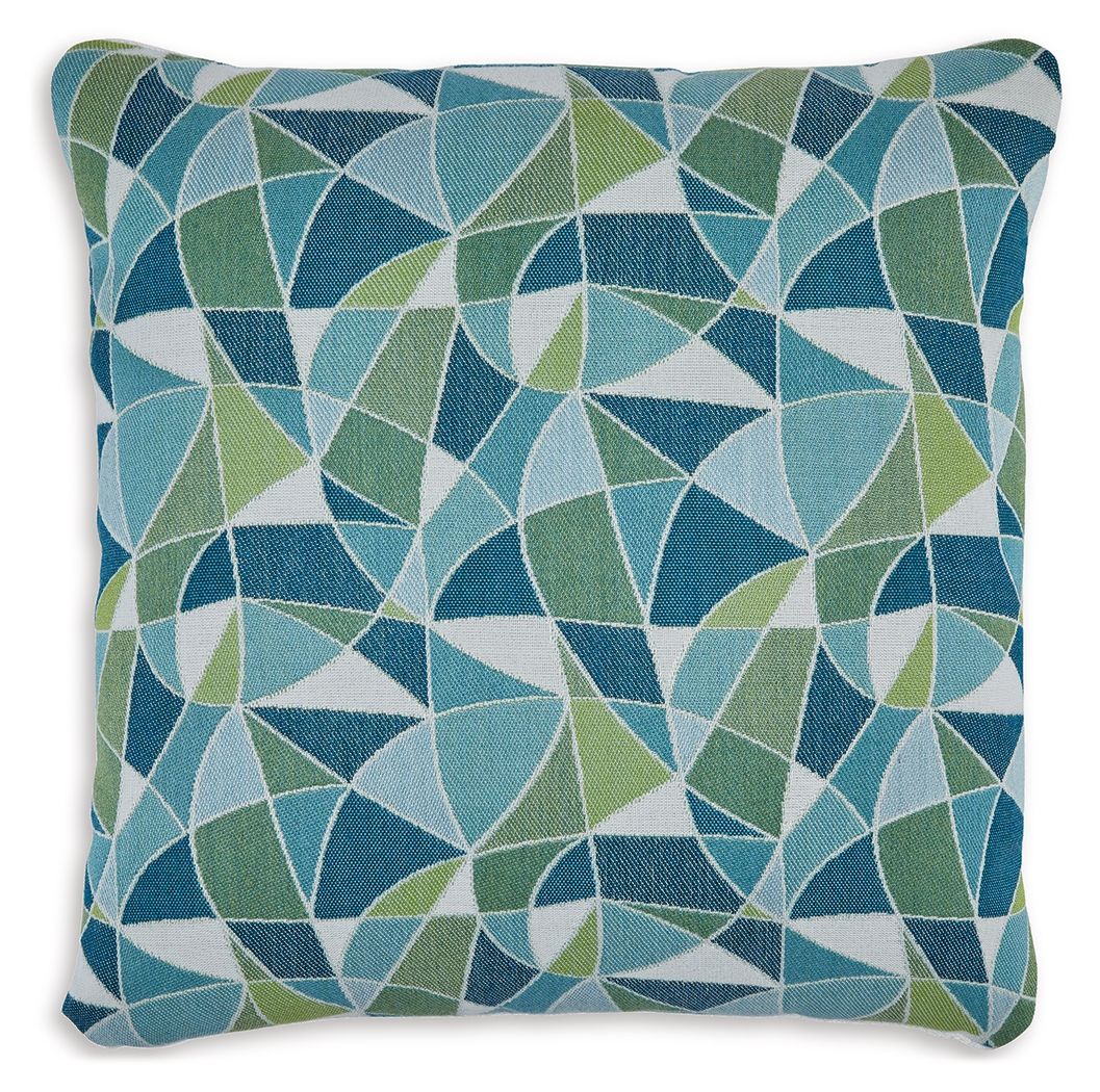 Square decorative pillow with blue and green geometric pattern cover
