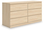 Light brown six-drawer dresser with flat-panel fronts and horizontal drawer lines