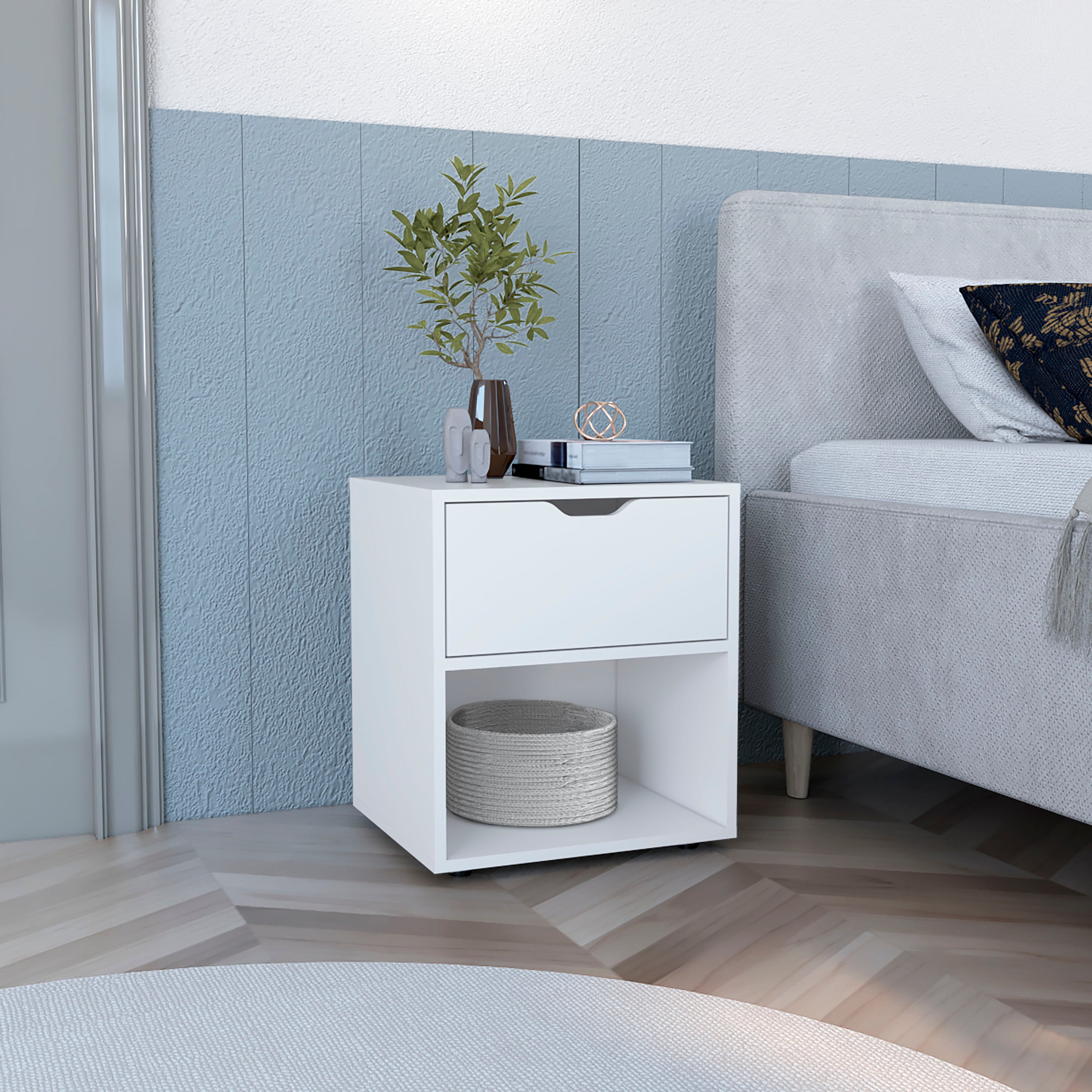 White Nightstand End Table with Open Shelf - DEPOT E-SHOP