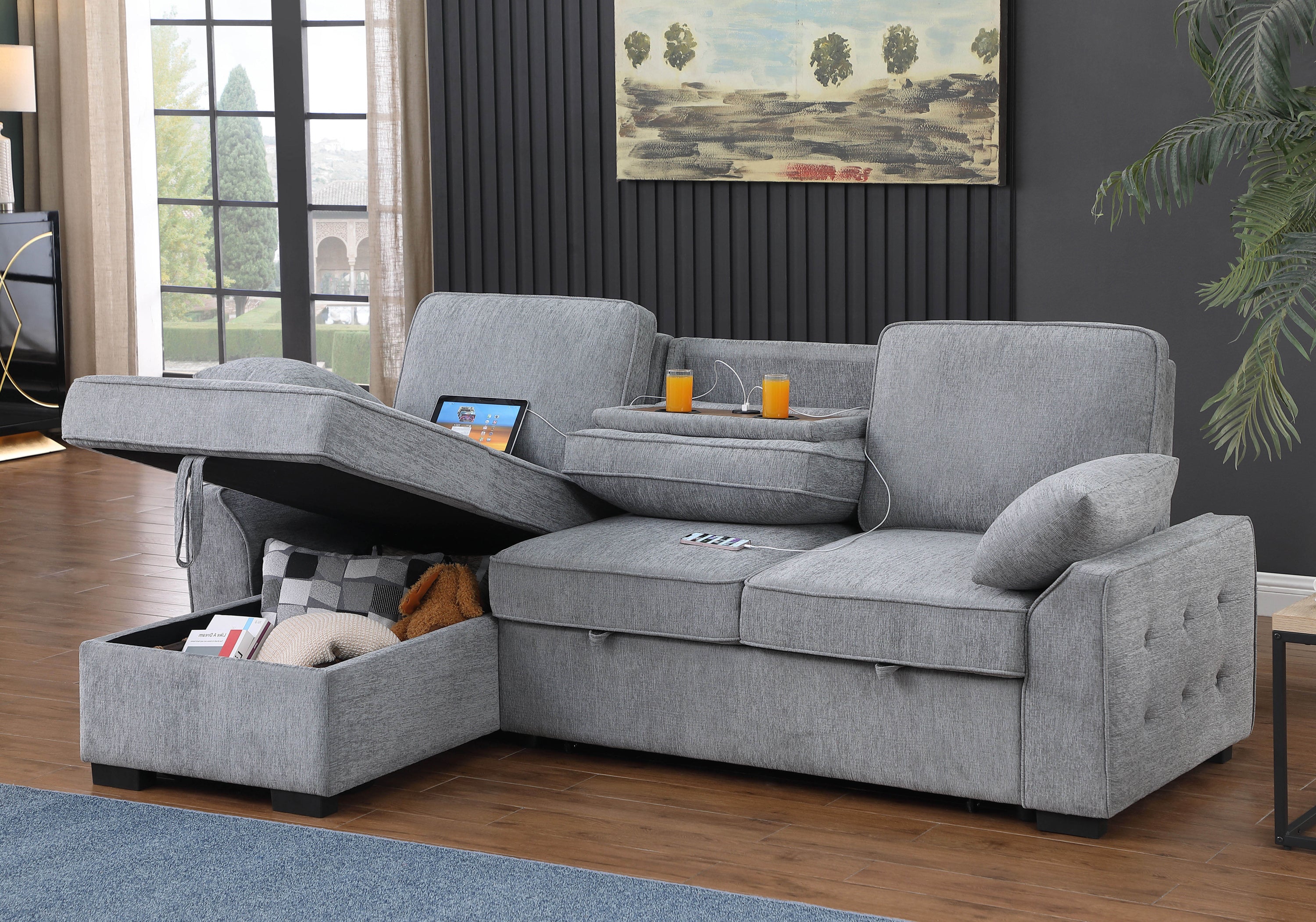 Mackenzie 91" Light Gray Chenille Reversible Sleeper Sectional