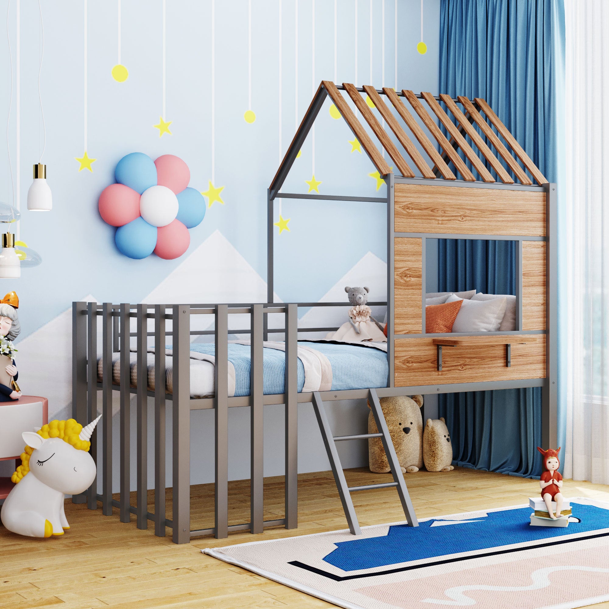 Silver Metal Twin Loft Bed: Roof, Window, Guardrail, Ladder
