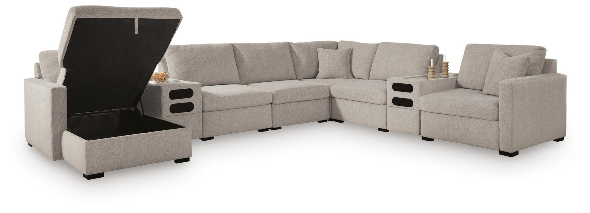 Gray sectional sofa with lift-up storage chaises and open front storage compartments