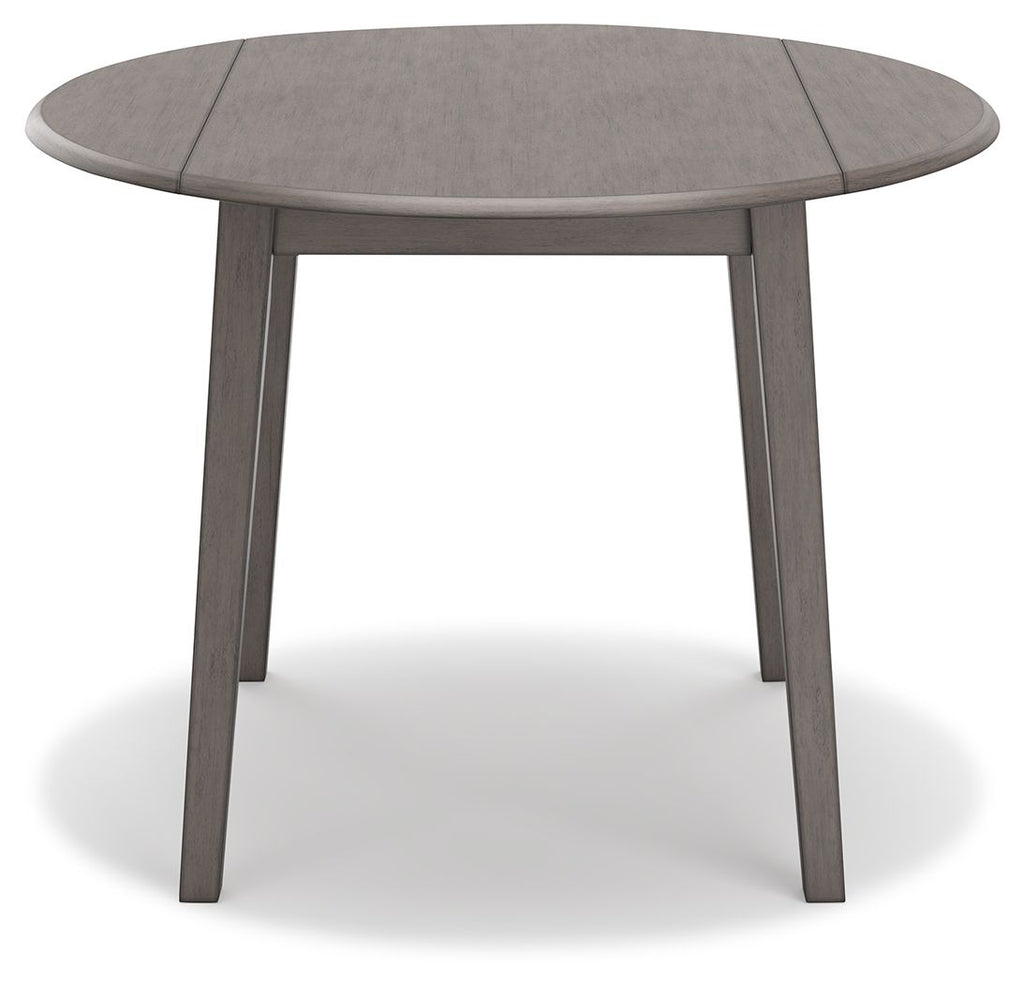 Gray round drop-leaf table with closed leaf seam and four straight legs