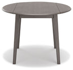Gray round drop-leaf table with closed leaf seam and four straight legs