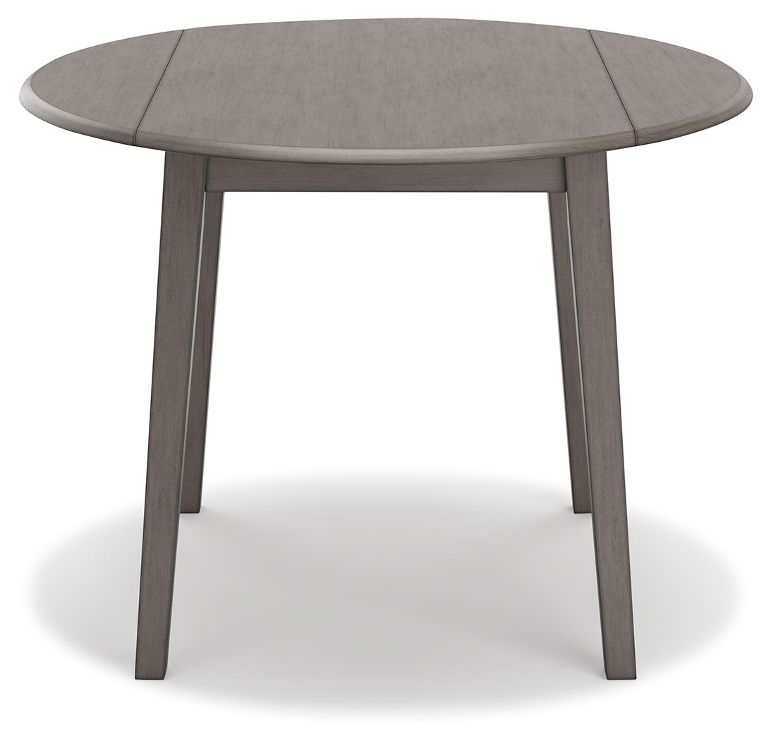 Gray round drop-leaf table with closed leaf seam and four straight legs