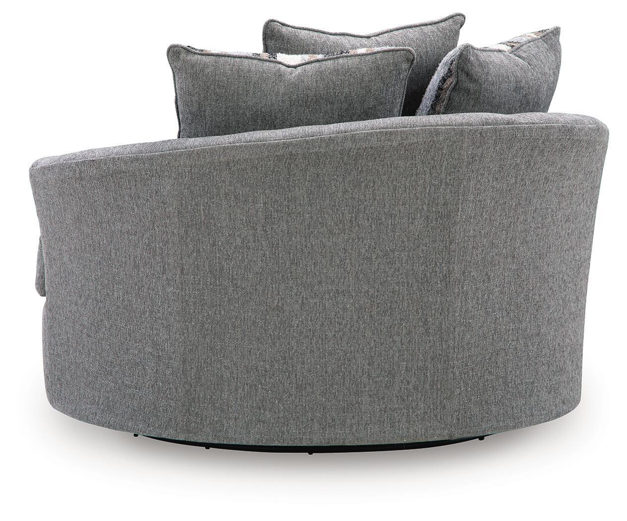 Gray upholstered swivel accent chair with padded back and broad armrests