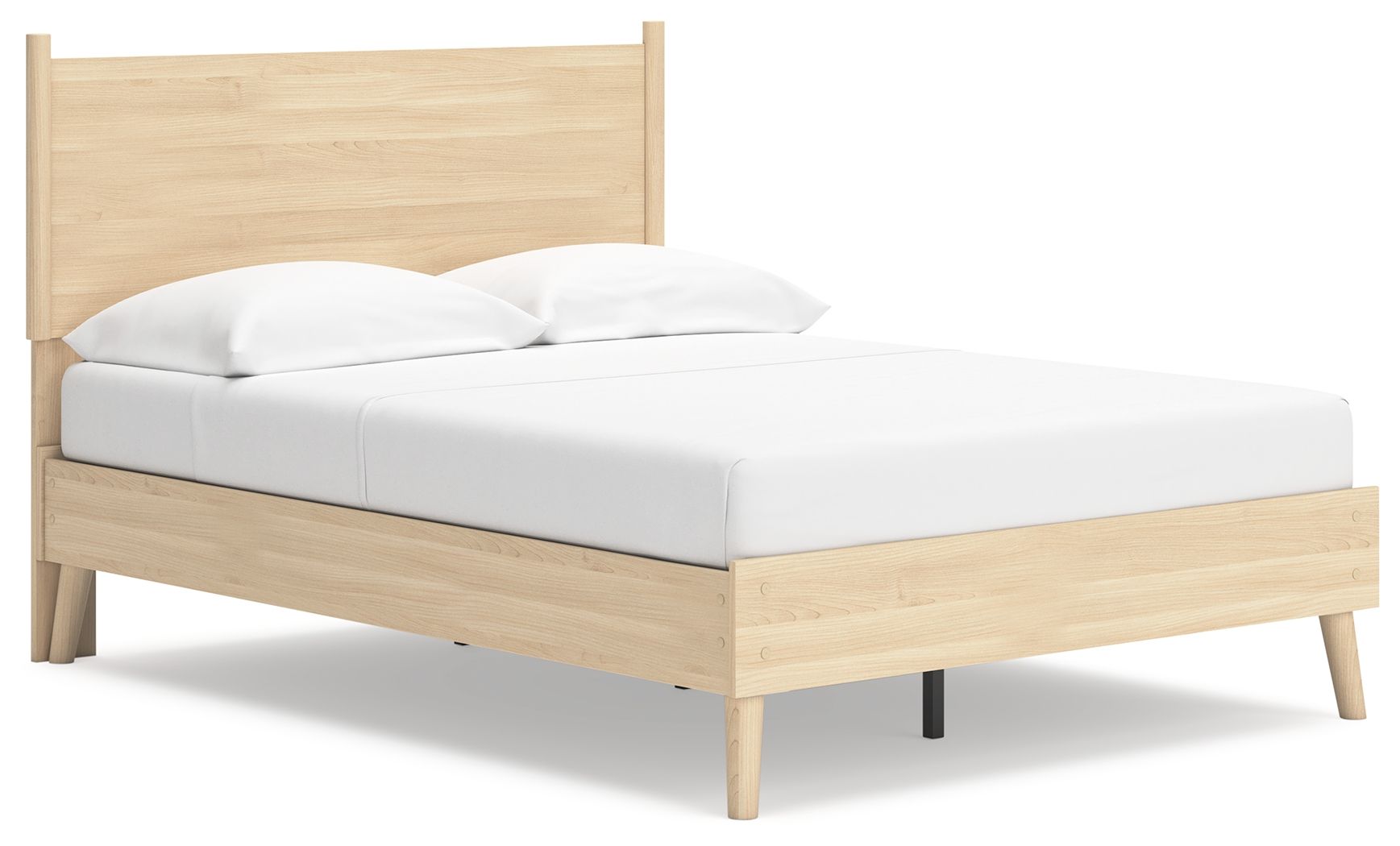Platform panel bed with light beige wood frame and headboard, white upholstered mattress