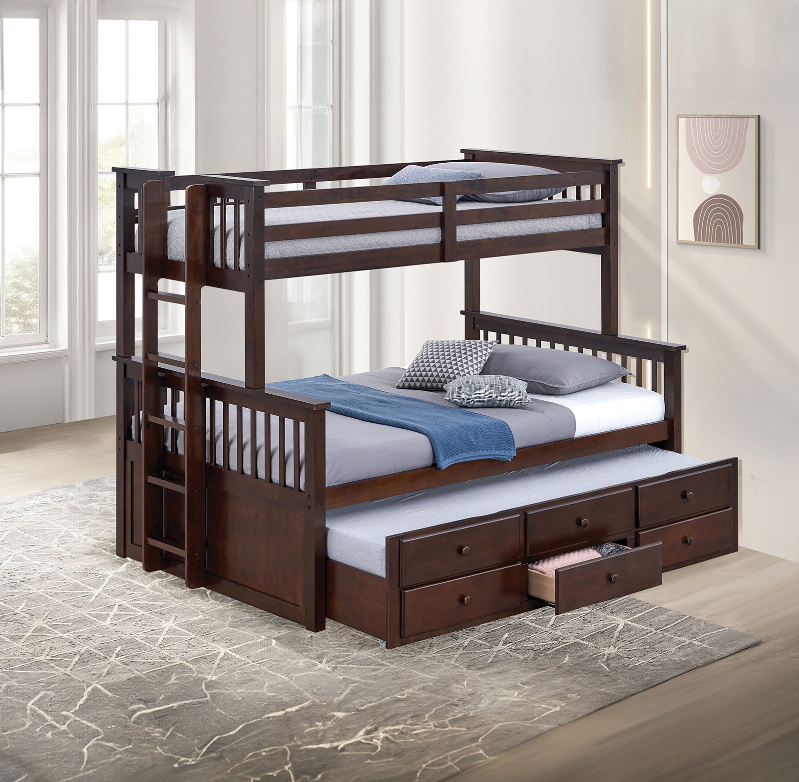 Transitional Twin Over Full Bunk Bed with Drawers, Dark Walnut