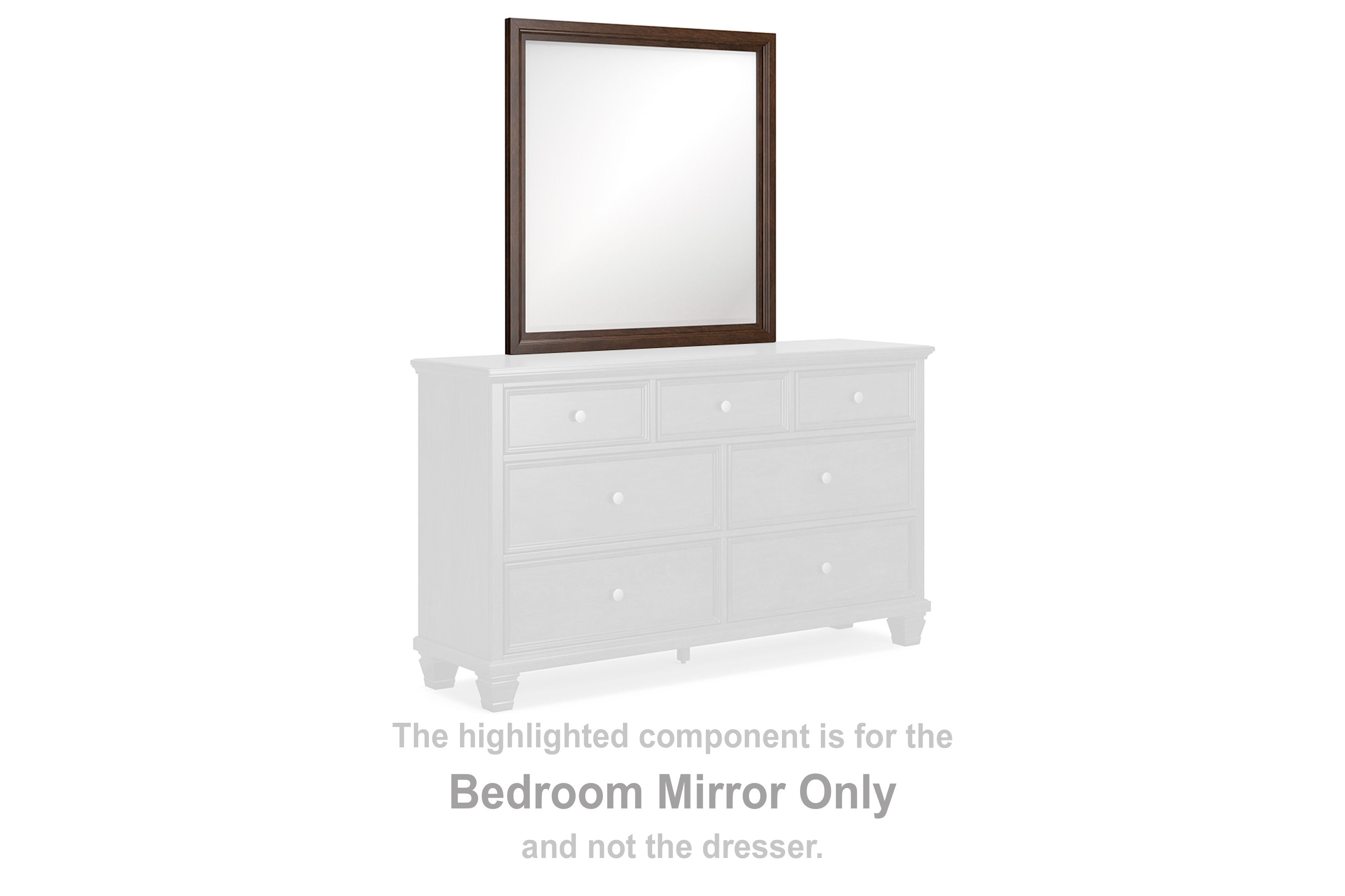 Brown rectangular bedroom mirror with slim frame, shown above a white dresser