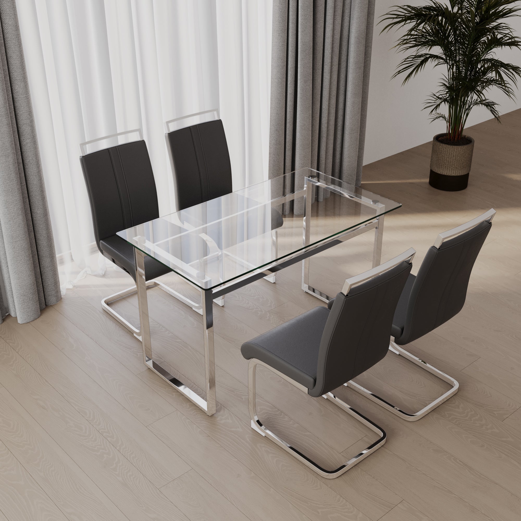 51" Glass Dining Table Set for 4 - Silver Legs