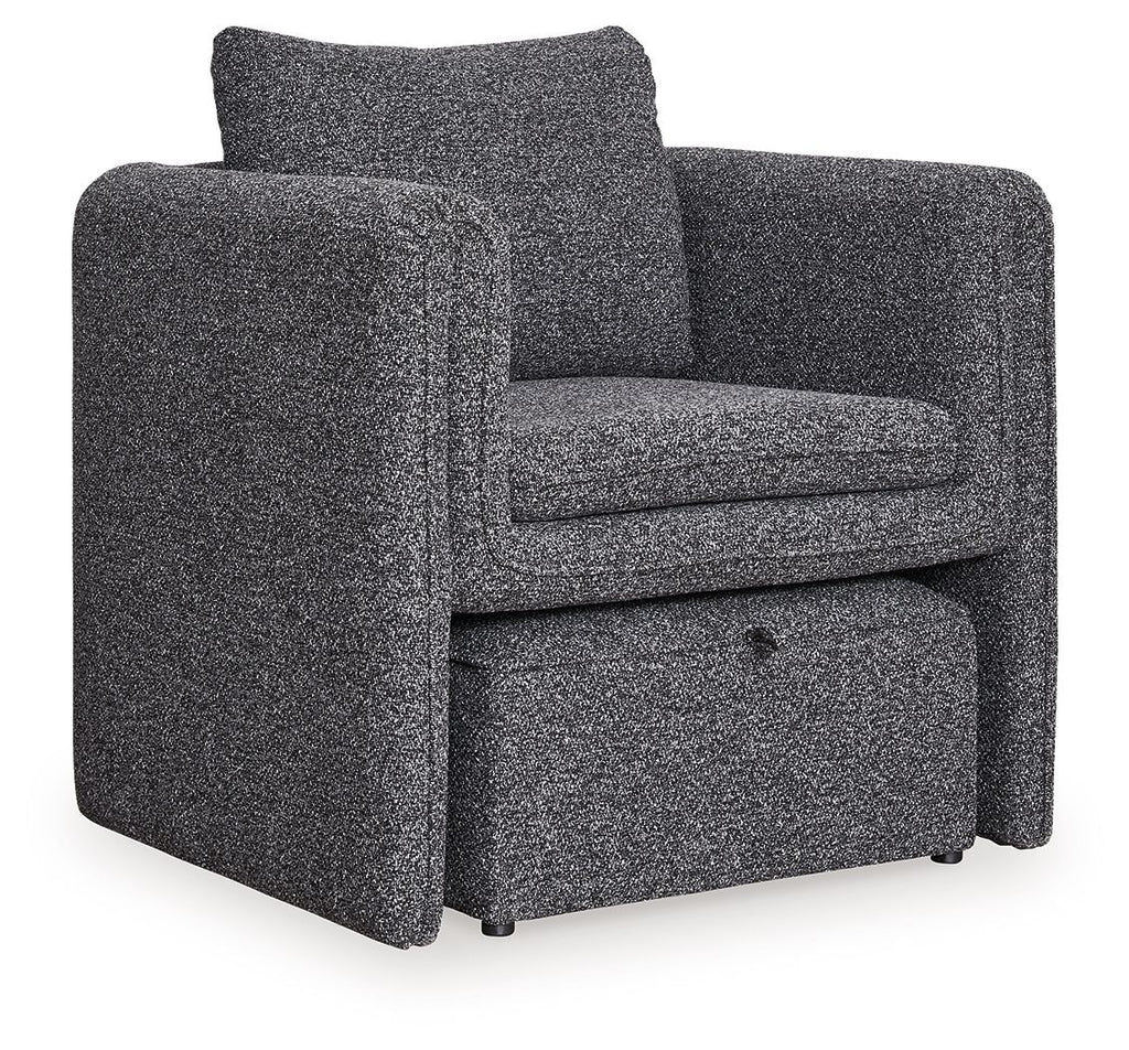 Charcoal accent chair with ottoman, textured upholstery, padded arms and backrest