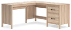 Battelle home office desk with return, tan woodgrain top and side drawer pedestal