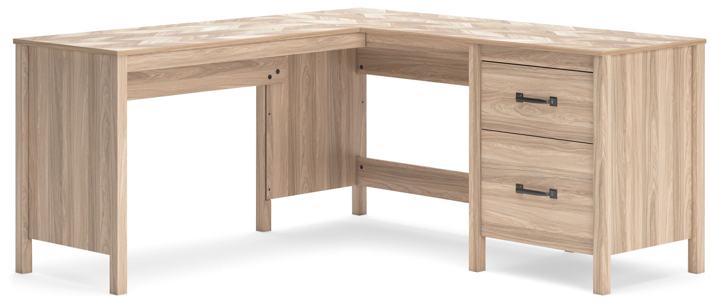 Battelle home office desk with return, tan woodgrain top and side drawer pedestal