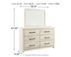 Beige dresser with mirror, six drawers and black bar pulls on light wood