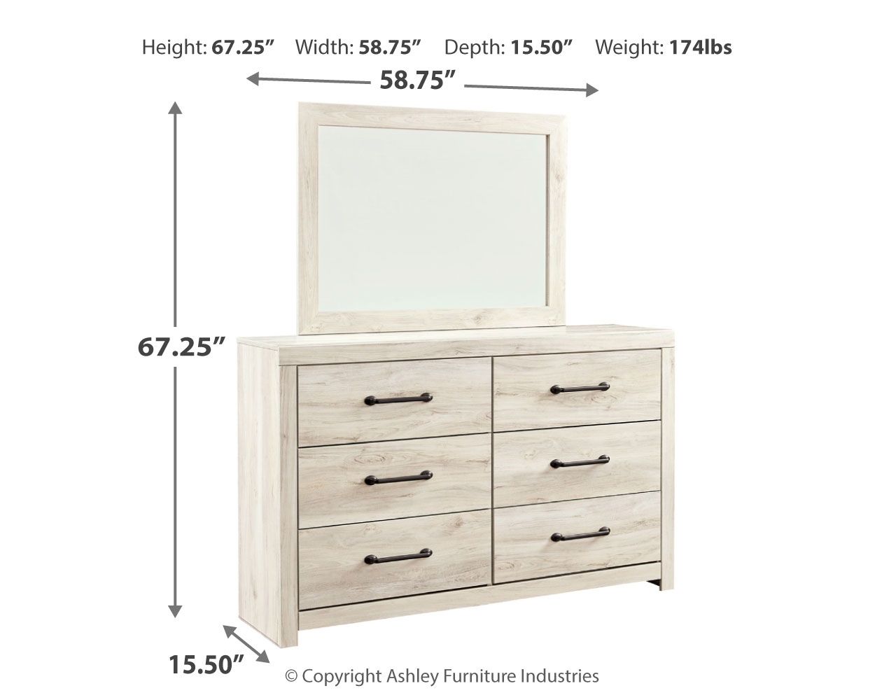 Beige dresser with mirror, six drawers and black bar pulls on light wood