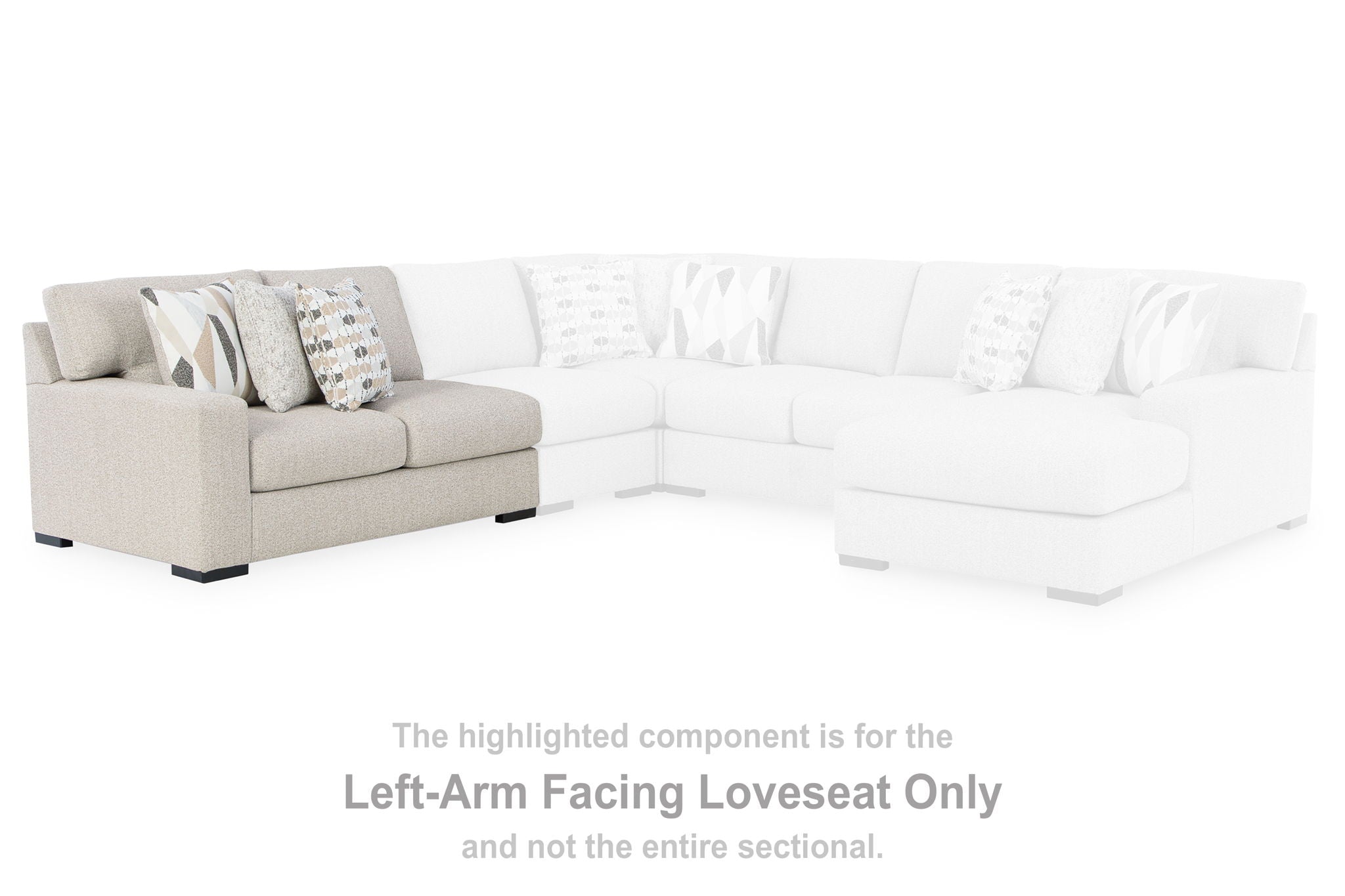 Light beige left-arm facing loveseat, visible in corner sectional layout, with seat cushions.