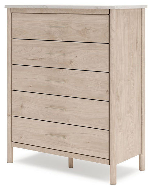 Wide chest with five drawers, light-beige finish, side panel detail, and tapered legs