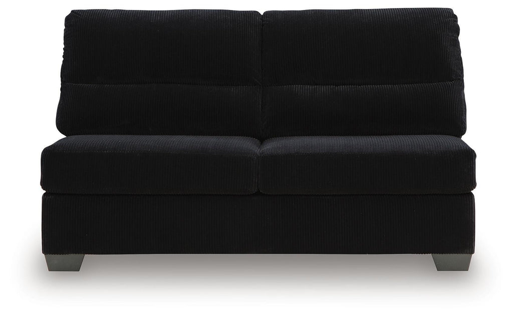 Armless loveseat in dark Onyx fabric with split back cushions and thick base