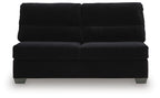 Armless loveseat in dark Onyx fabric with split back cushions and thick base
