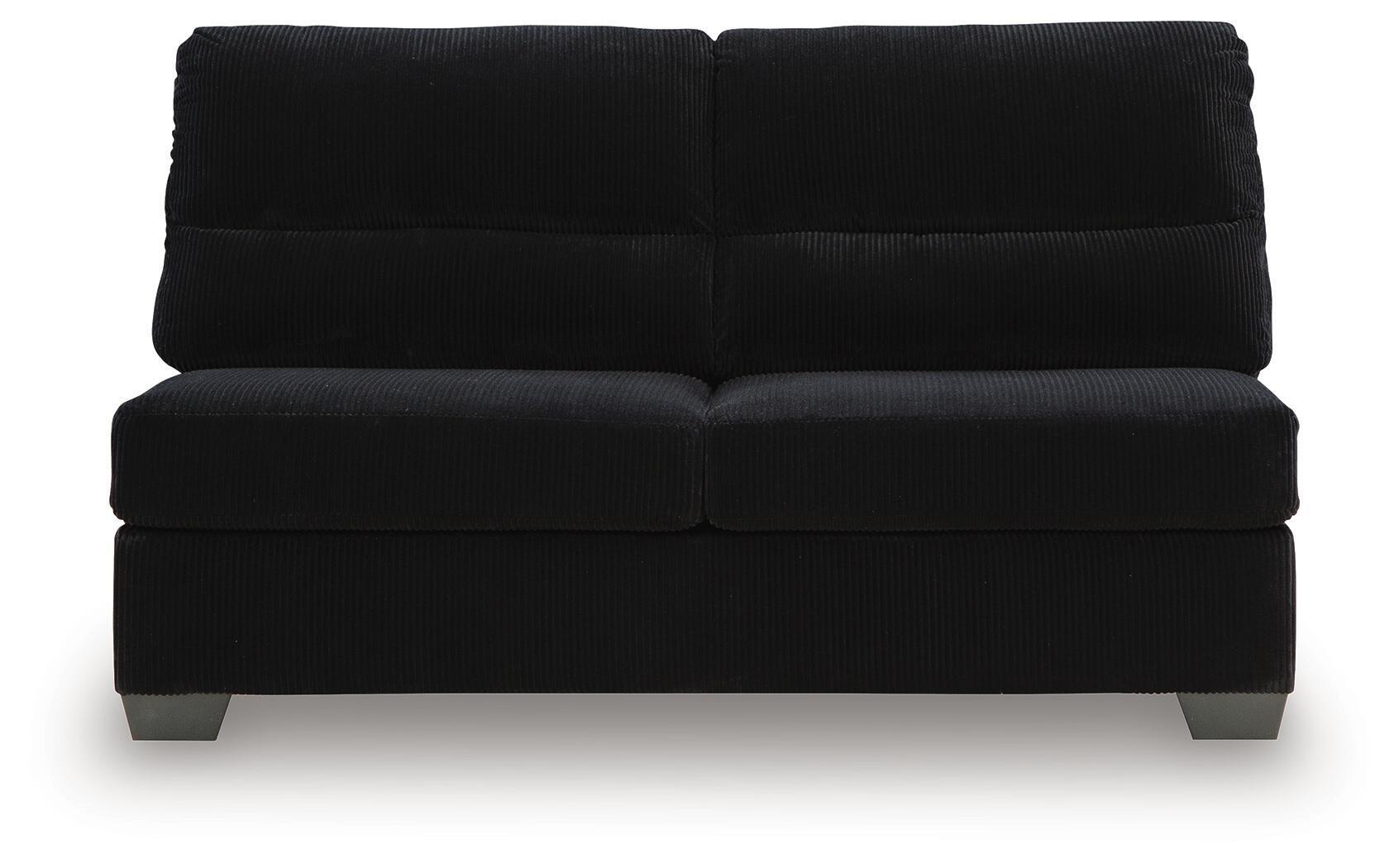 Armless loveseat in dark Onyx fabric with split back cushions and thick base