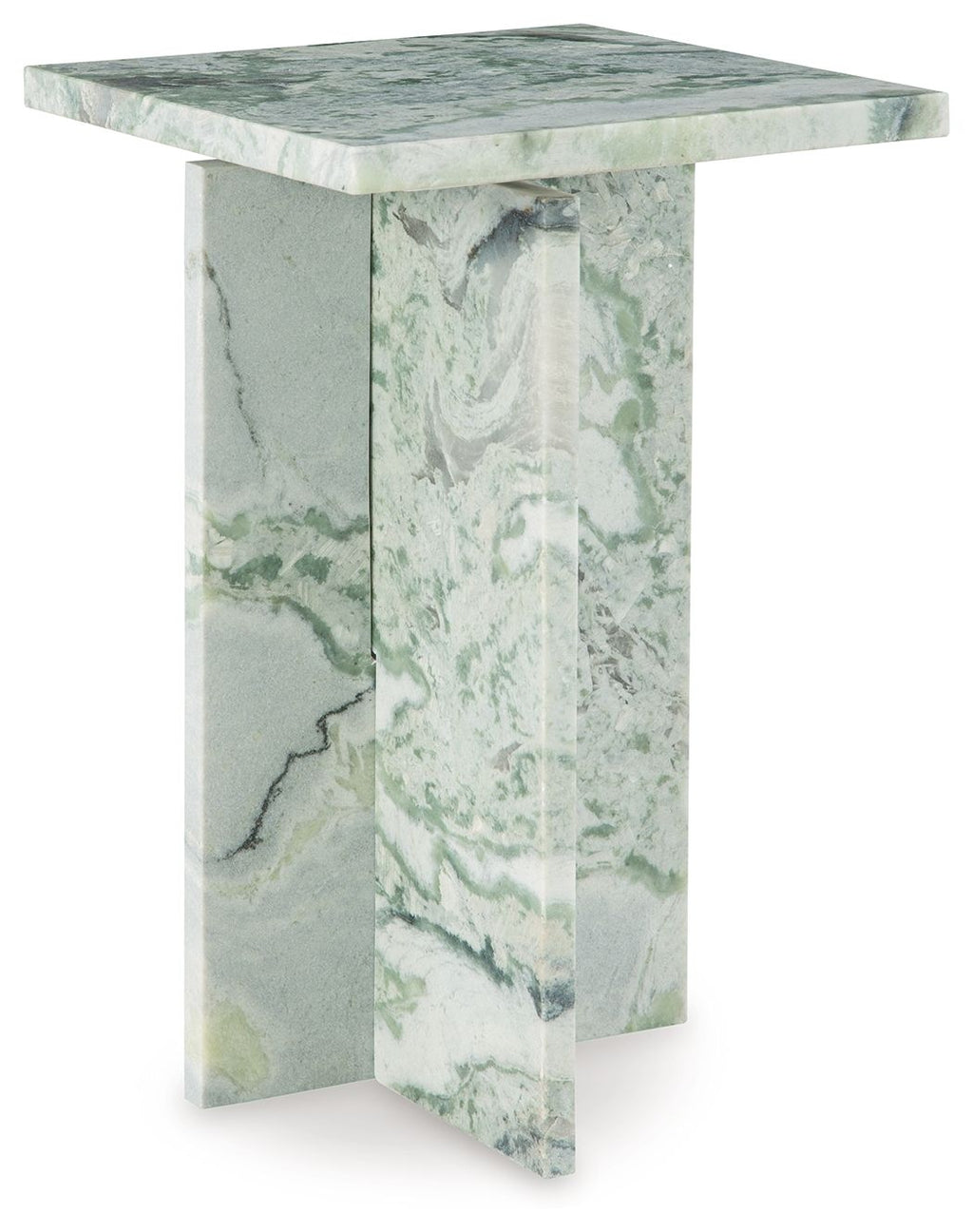 Marble-look accent table with square top and green veined panels