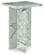 Marble-look accent table with square top and green veined panels