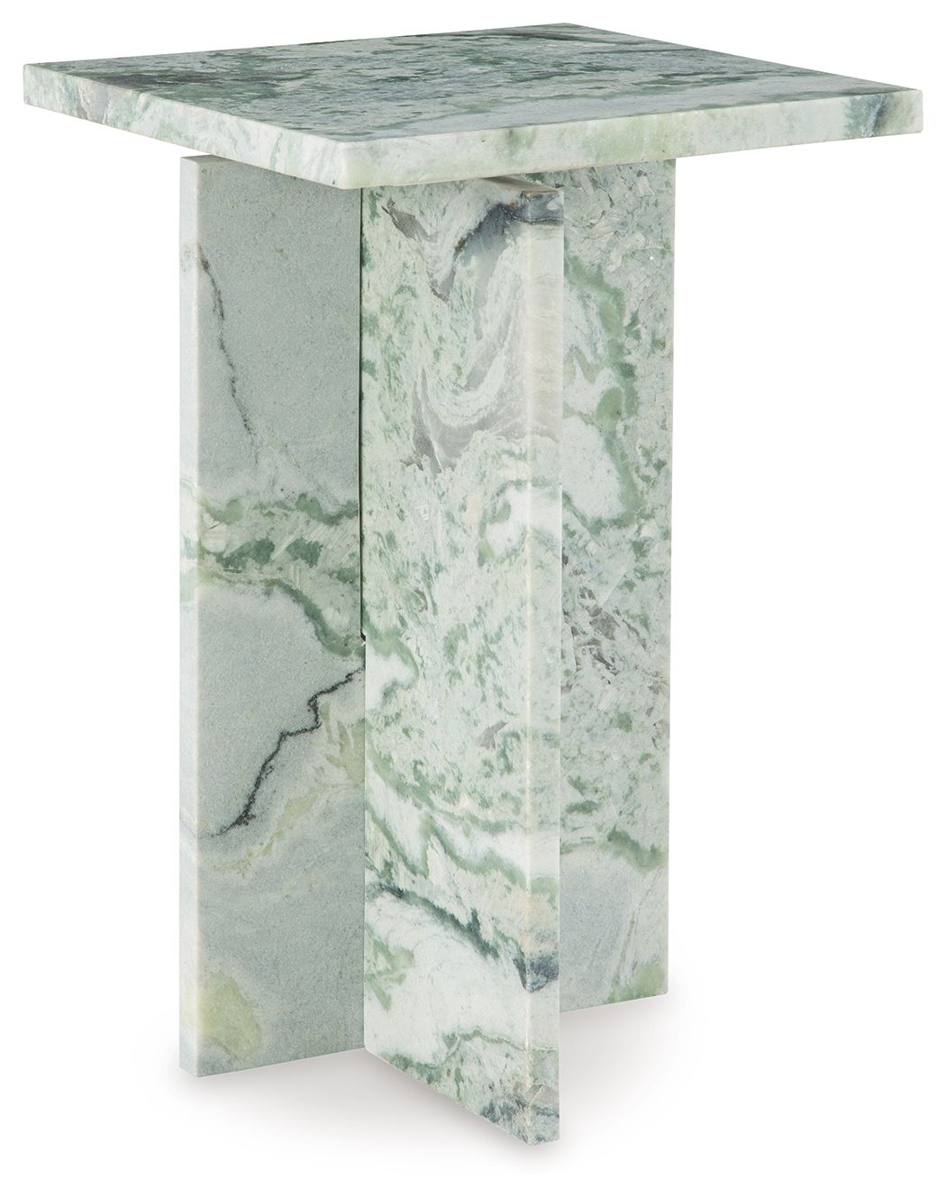 Marble-look accent table with square top and green veined panels