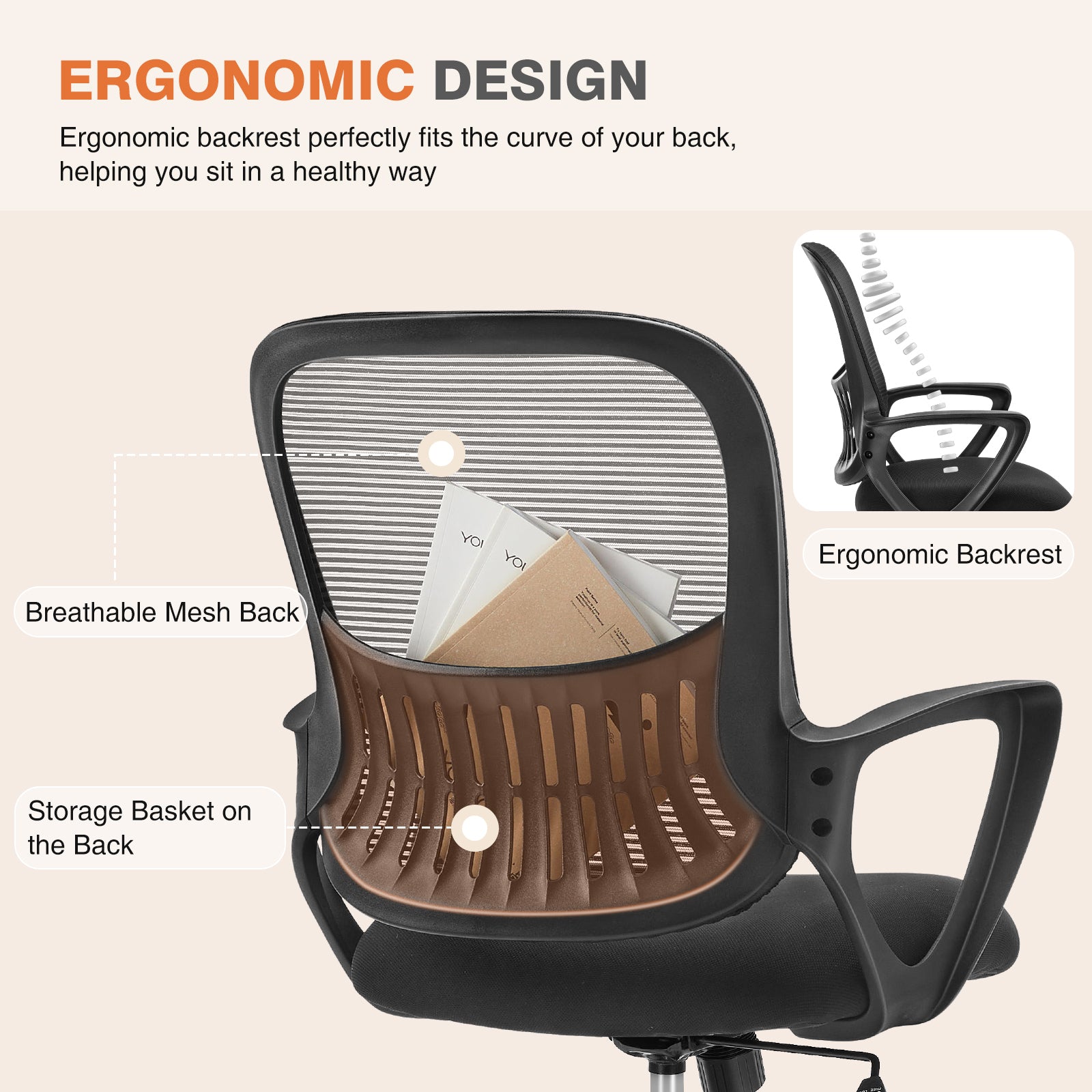 Ergonomic Office Chair Mesh w/ Fixed Armrest - Home/Desk