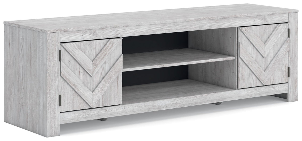 White TV stand with chevron cabinet doors and two open shelves