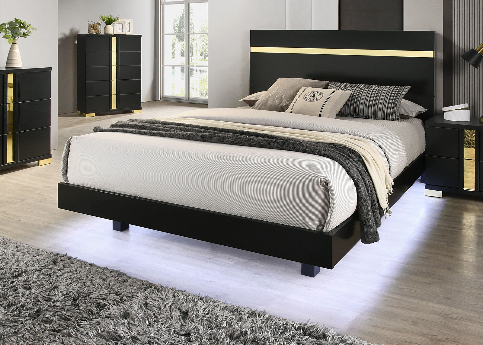 Black Eastern King LED Bedframe - Modern Acrylic Trim - Mattress Ready